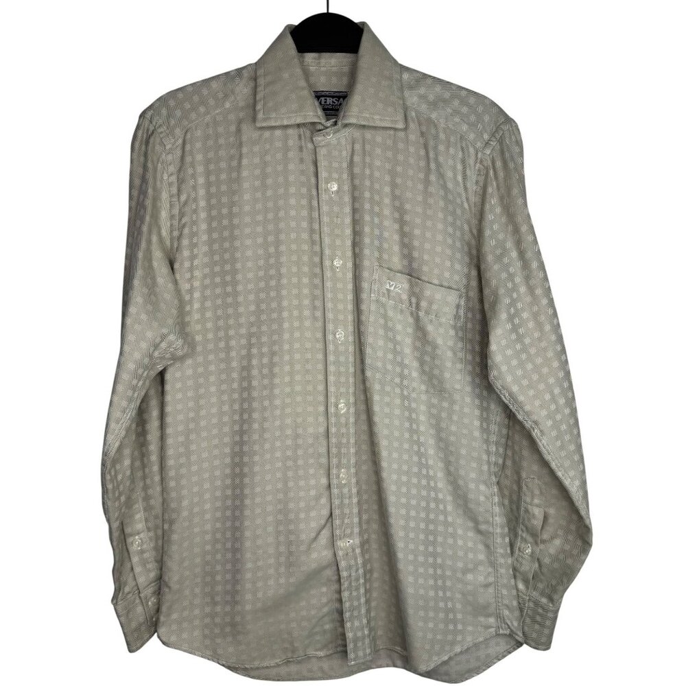 VTG Versace Jeans Couture Beige Geometric Grid Check‎ Pattern Long Sleeve